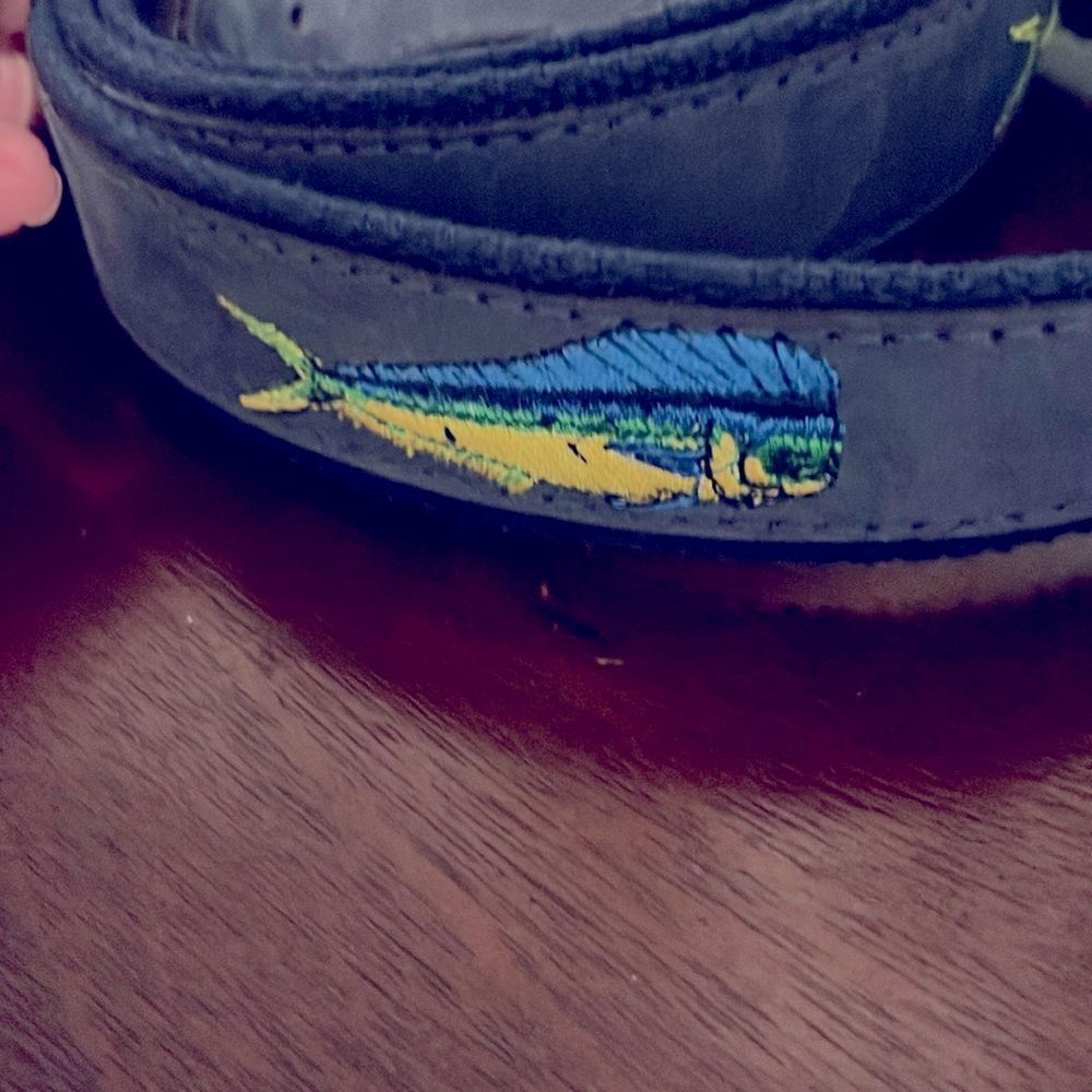 Zeppelin Made in USA Fish Blue Suede /Canvas Embroidered Solid Brass Buckle